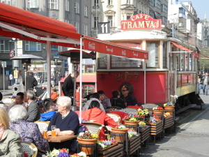 A colorful cafe in Prague's Wenceslas Square, where demonstrations against the Soviets once took place. Photo by Clark Norton