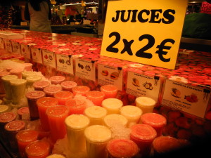 Fresh juices to drink, in a variety of flavors.