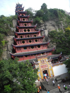 The famous Red Pagoda of ShiBaoZhai was rescued from flooding after completion of the Three Gorges Dam. Photo by Clark Norton