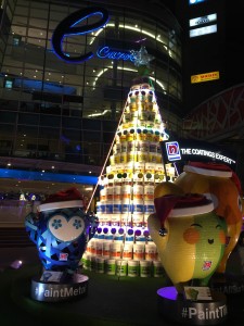 Where was this Christmas tree made from paint buckets? Photo by Jade Chan.