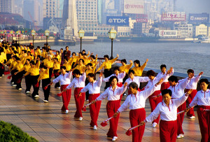 Morning exercise teams on Shanghai's Bund, along the Huangpu River waterfront. Photo by Dennis Cox/WorldViews