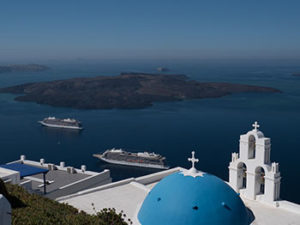 The Viking Sky and Sea meet in Santorini, Greece. Photo from Viking Cruises. 