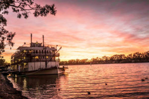 The Murray Princess paddlewheeler at sunrise on the Murray River. Photo from Murray Princess. 