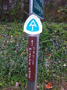 Trail Marker for McAfee Knob hike along the Appalachian Trail. Photo by Clark Norton