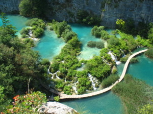 A boardwalk winds past Plitvice National Park's lakes and waterfalls. Photo from Visit Croatia. 