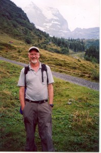 The author climbing a mountain in Switzerland, temporarily solo. 